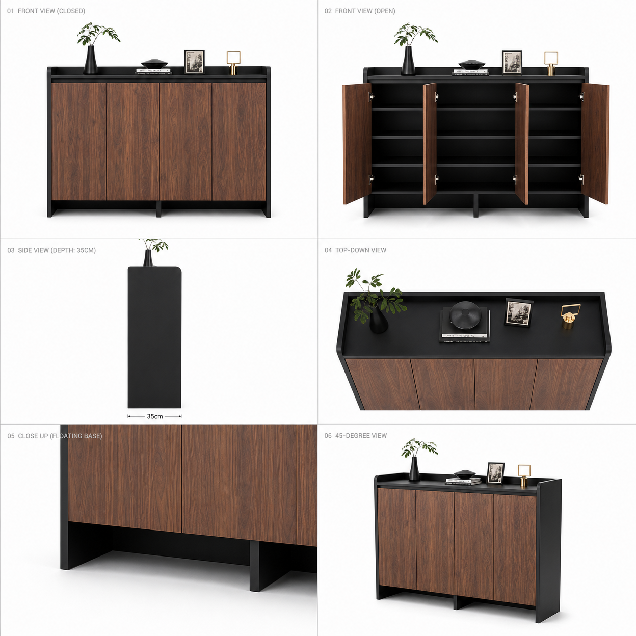Modern Walnut-Colored Shoe Cabinet Entryway Four-Door Storage Rack with Open Bottom Shelf, Hallway Side Table