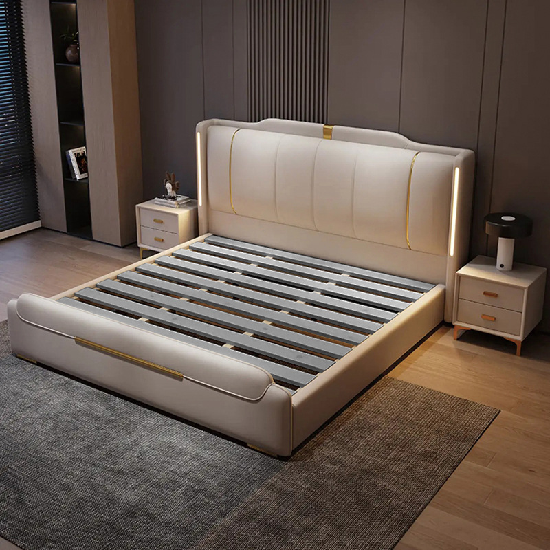 Luxury Modern King Size Soft Bed Frame Leather Solid Wood Double Queen Bed with Storage for Bedroom Furniture for Home or Hotel