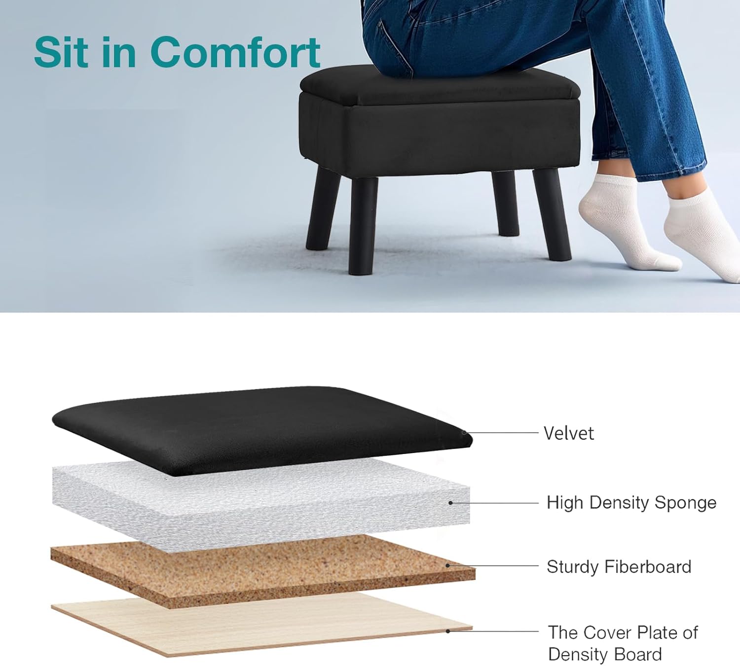 BRIAN DANY Velvet Storage Ottoman with Legs Footstool for Living Room Entryway Office Black Home Furniture