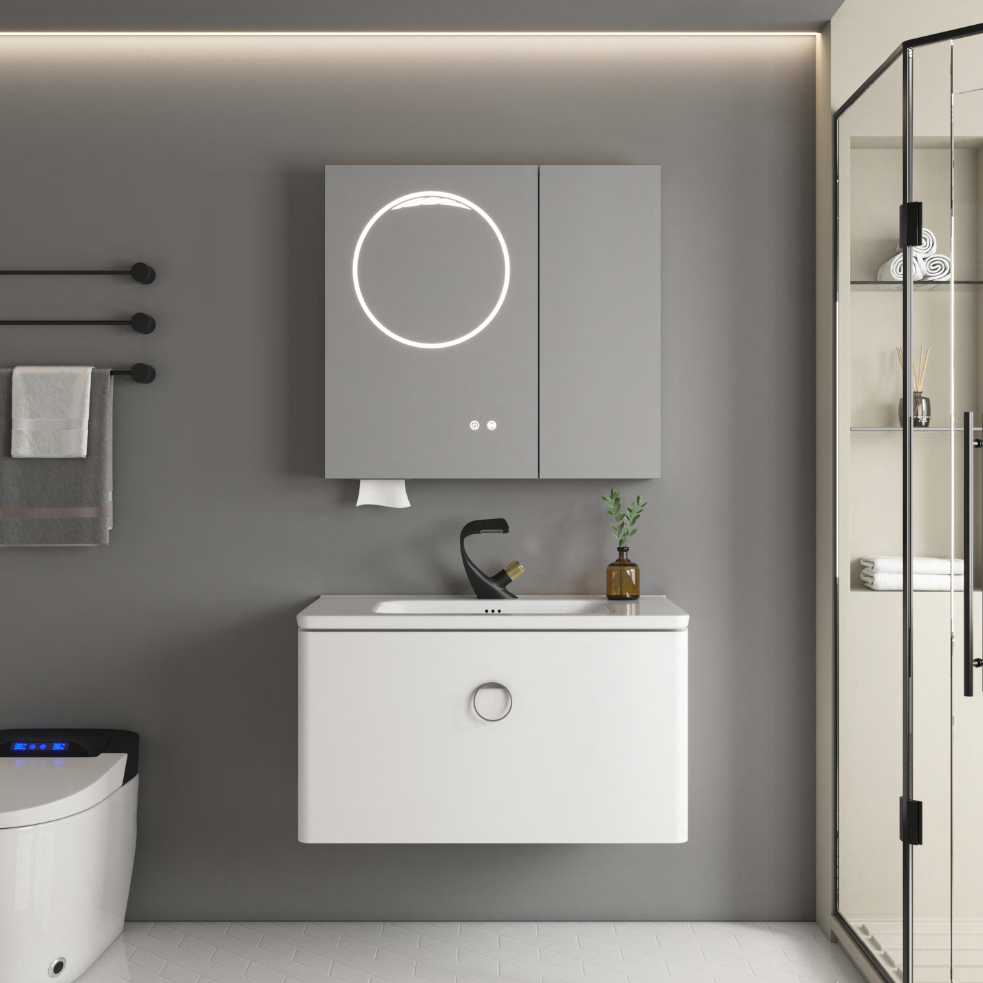 Modern Creative Wall Mounted Bathroom Furniture Waterproof Solid Wood Vanity LED Mirror Cabinet Eco-friendly for Villa Hotel