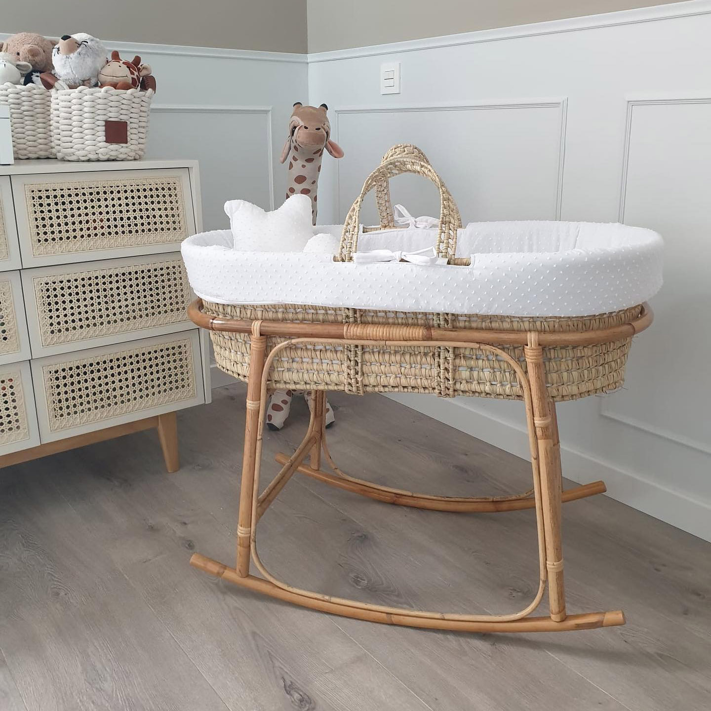 Rocking Bassinet for Newborn Babies Top Selling Infant Kids Furniture Rattan Bedding Gift Set in Nursery Bedrooms