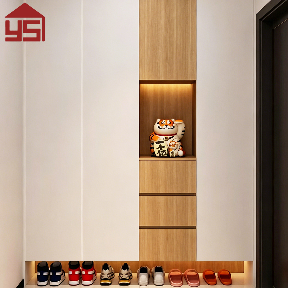 Luxury Contemporary Hallway Bespoke Multi-Functional Shoe Cabinet with Open Shelf Wood Veneer Hallway Unit