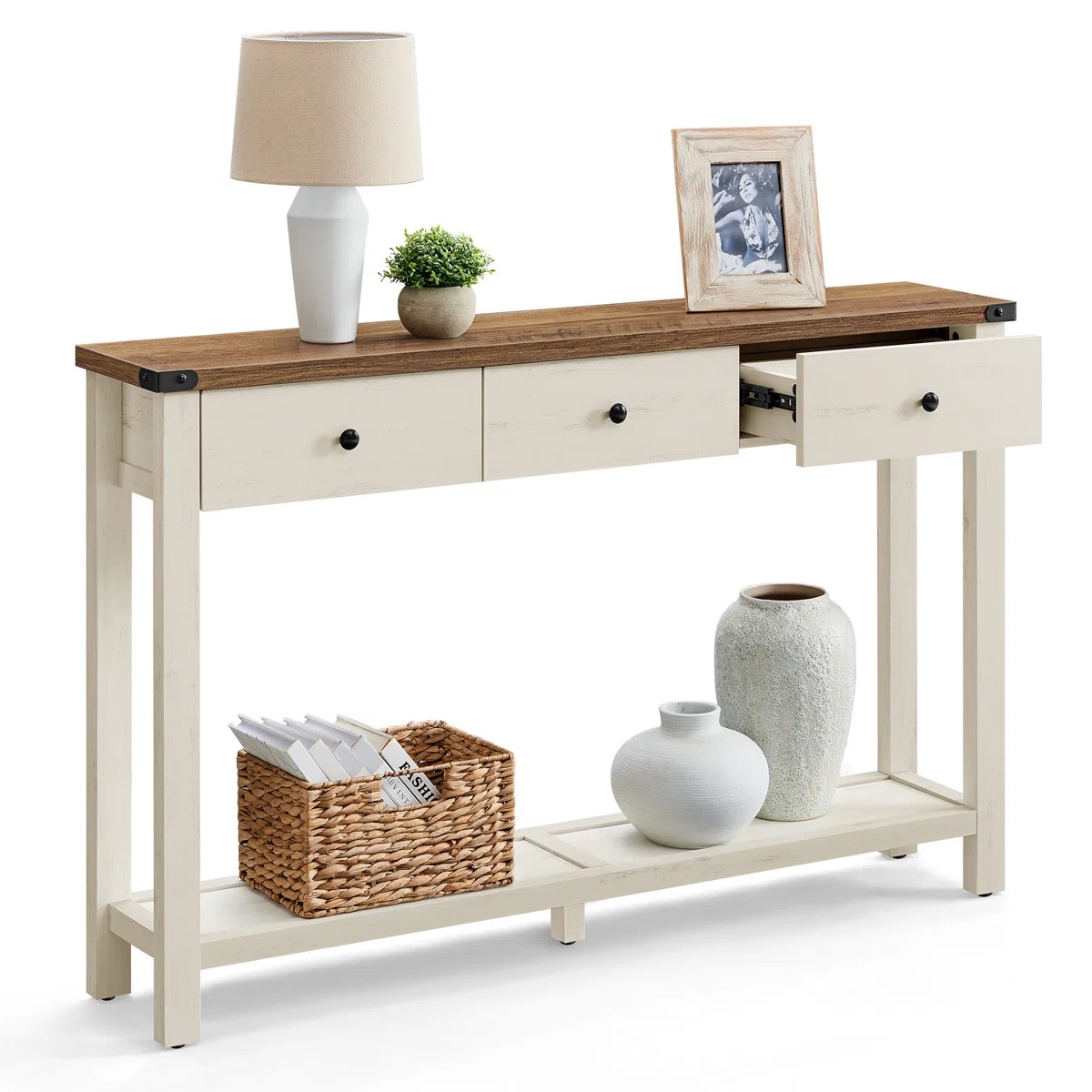 Farmhouse Luxury Narrow Hallway Wood 47.2 Inch Sofa Side Table Entryway Console Table with 3 Drawers Open Shelf Table Storage