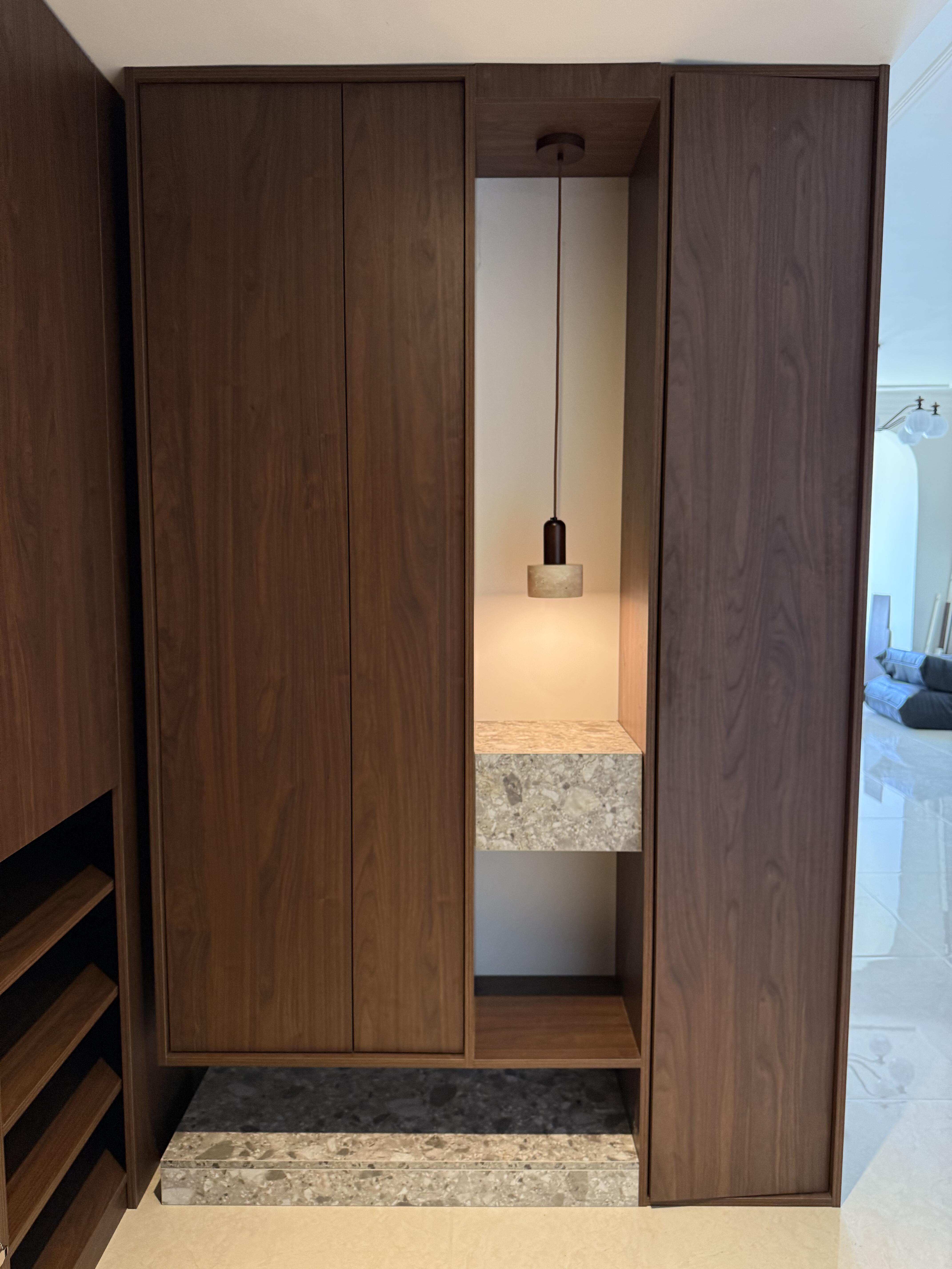 Custom Walnut Wood Built-in Shoe Cabinet - Modern Minimalist Entryway Storage with Slatted Design