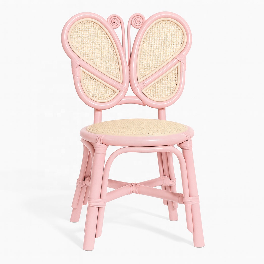 Butterfly Back Kids Rattan Chair Pink Frame with Natural Woven Seat