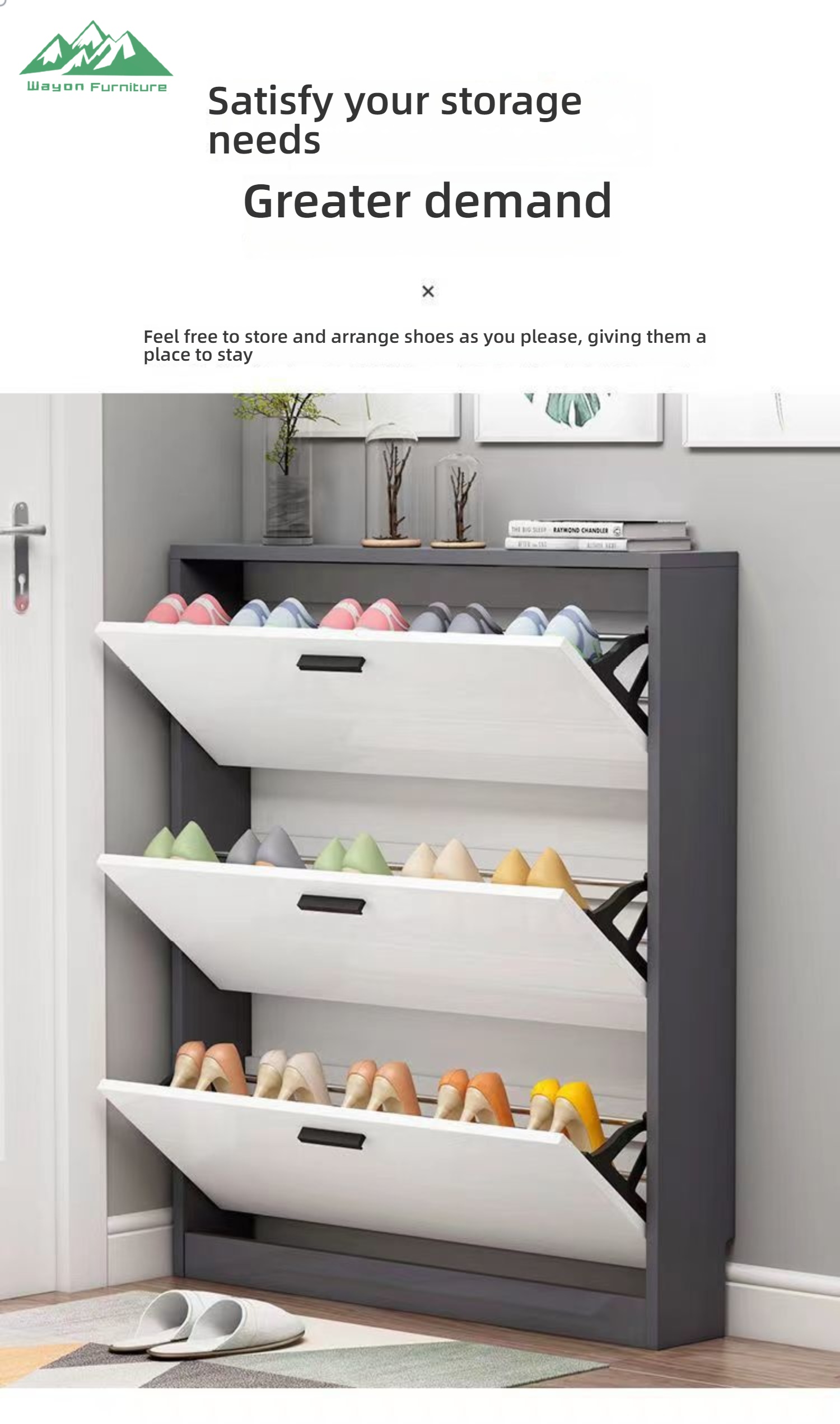 Wayon Sturdy 3-Tier Wooden Shoe Rack with White Drawers and Metal Handles for Entryway Hallway Storage Organizer