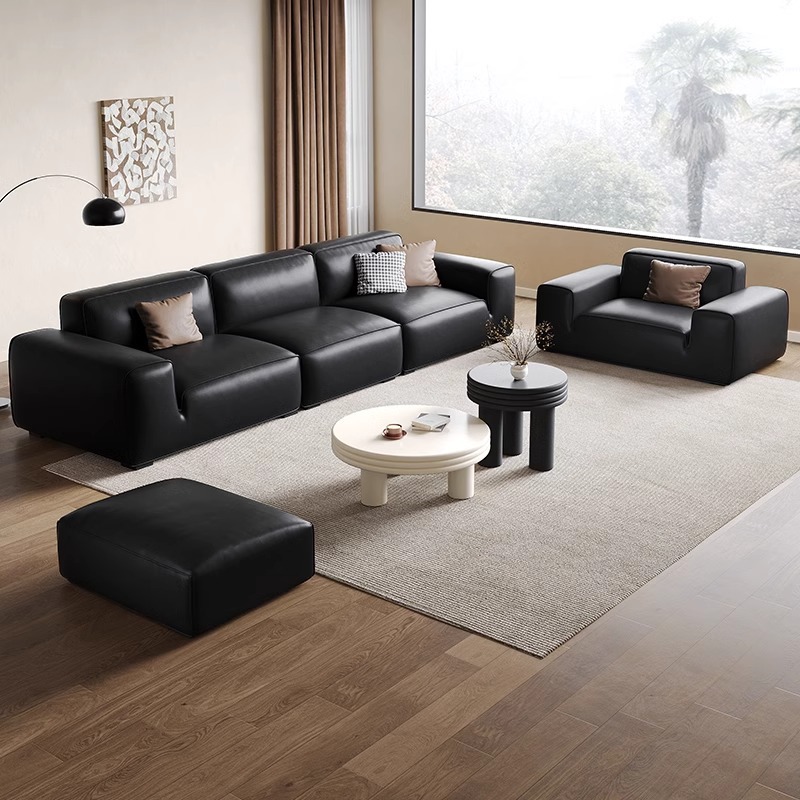 Italian Minimalist Modern Simple Small-sized Living Room with Straight-row Leather Sofas