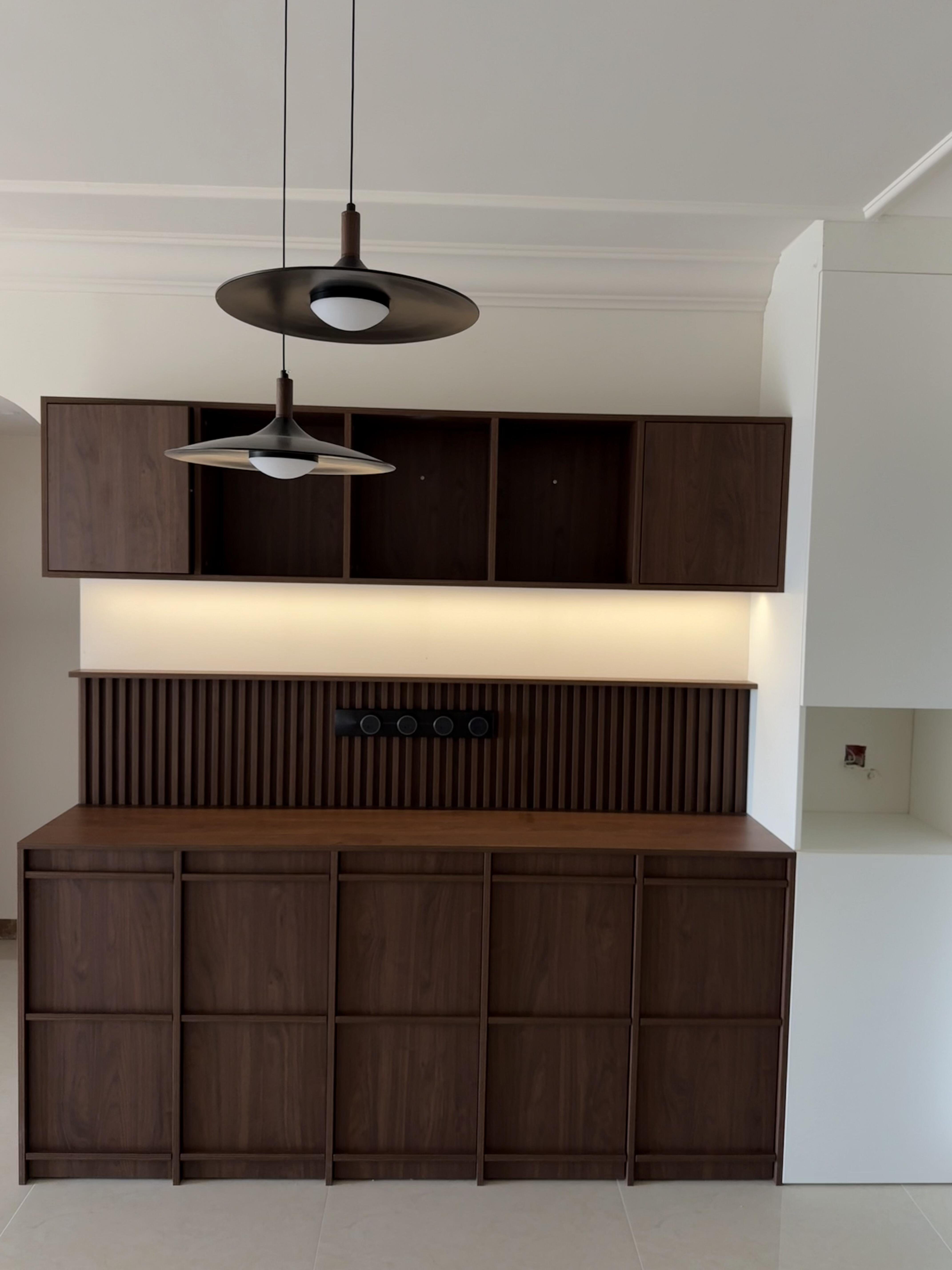 Custom Walnut Wood Built-in Shoe Cabinet - Modern Minimalist Entryway Storage with Slatted Design