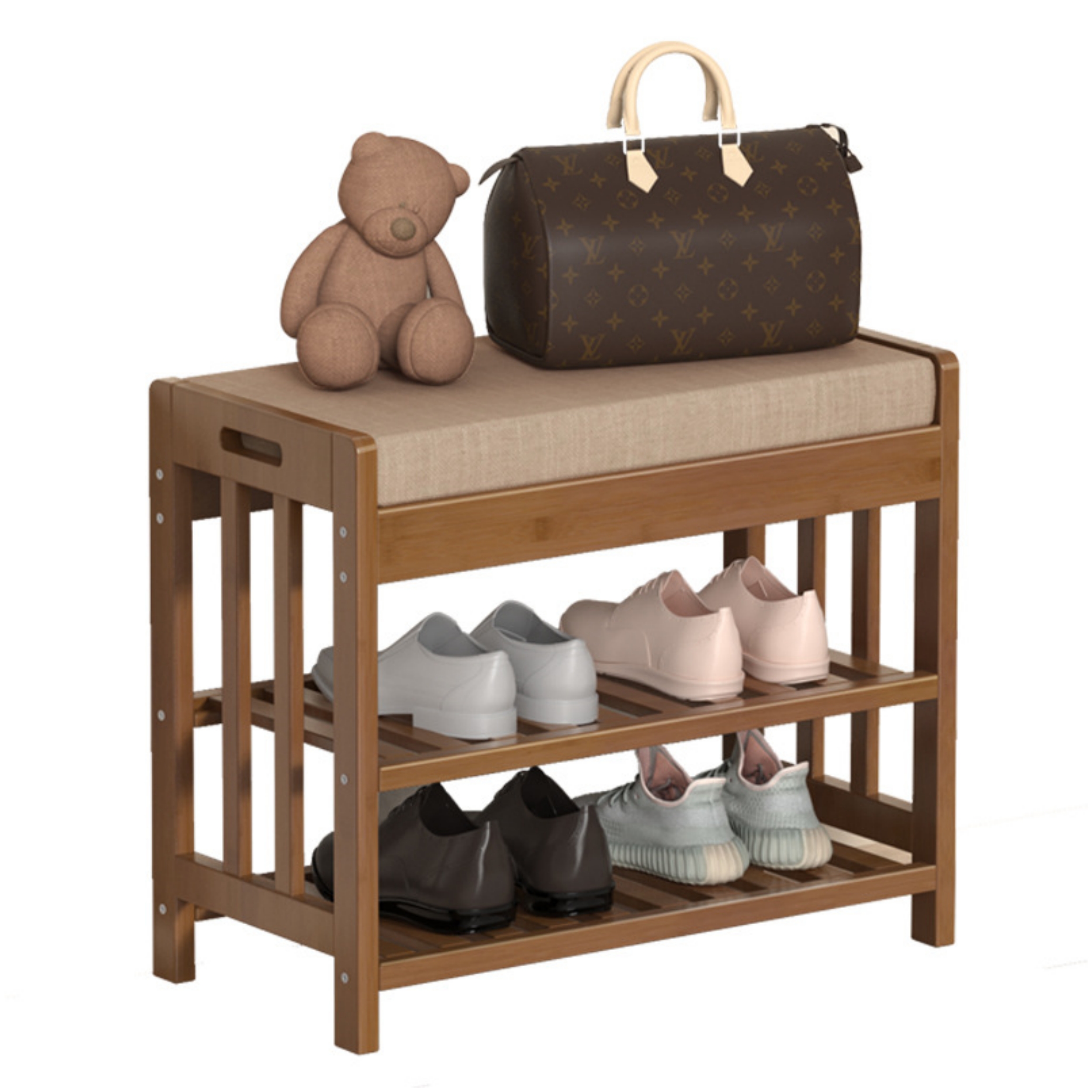 Durable 3-Tier Bamboo Shoe Bench with Cushion Modern Entryway Shoe Rack for Home Furniture for Hallway Living Room Bedroom