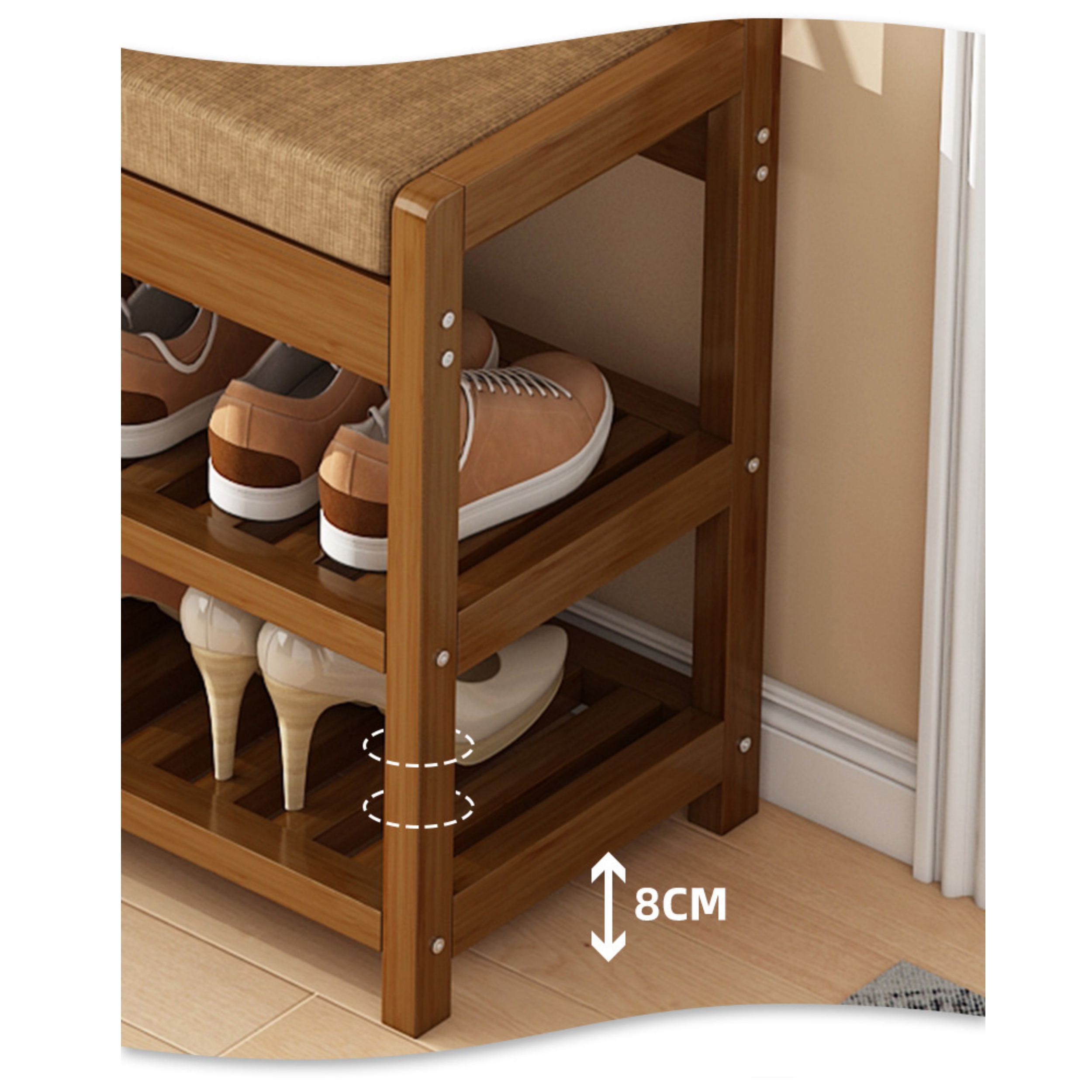 Durable 3-Tier Bamboo Shoe Bench with Cushion Modern Entryway Shoe Rack for Home Furniture for Hallway Living Room Bedroom