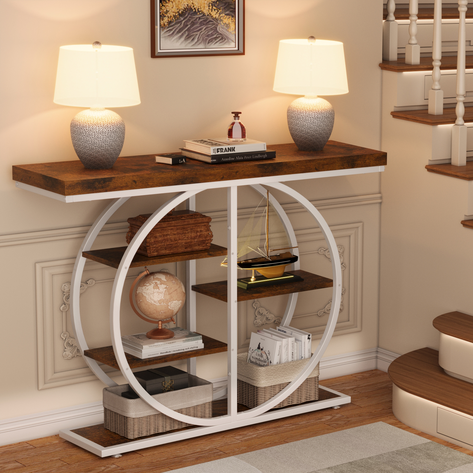5-Tier Industrial Console Table with Circle Base, Rustic Wood and Metal Entryway Table for Living Room Hallway