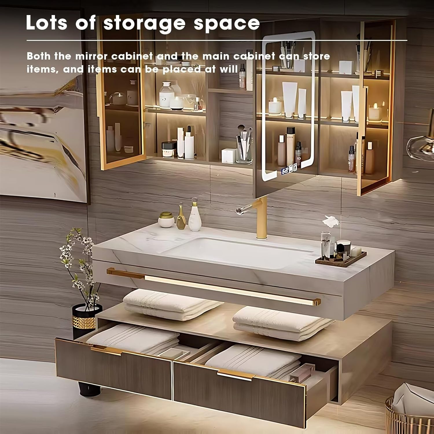 JUERTE OEM 2026 Luxurious Bathroom Furniture Set, Including Bathroom Vanity, Cabinets, Panels, LED Mirror, Sink And Faucet.