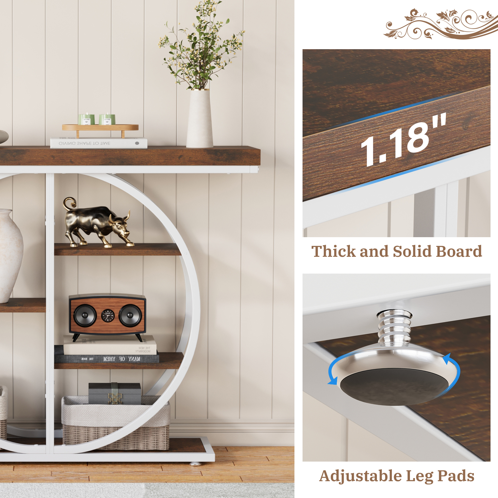 5-Tier Industrial Console Table with Circle Base, Rustic Wood and Metal Entryway Table for Living Room Hallway