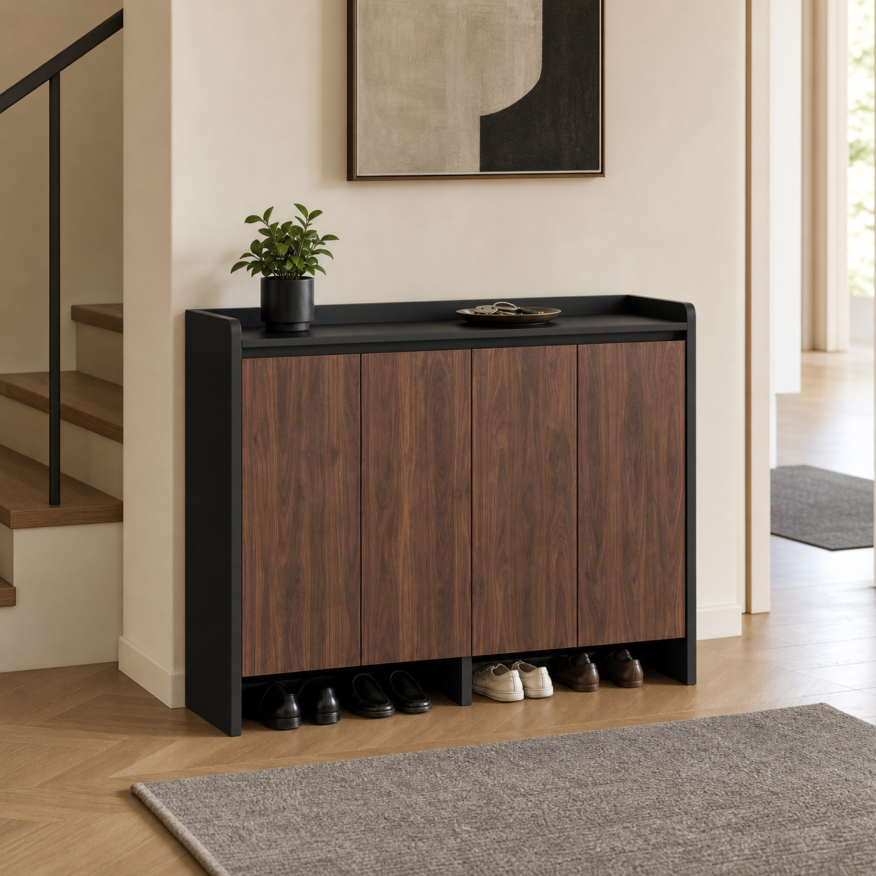 Modern Walnut-Colored Shoe Cabinet Entryway Four-Door Storage Rack with Open Bottom Shelf, Hallway Side Table