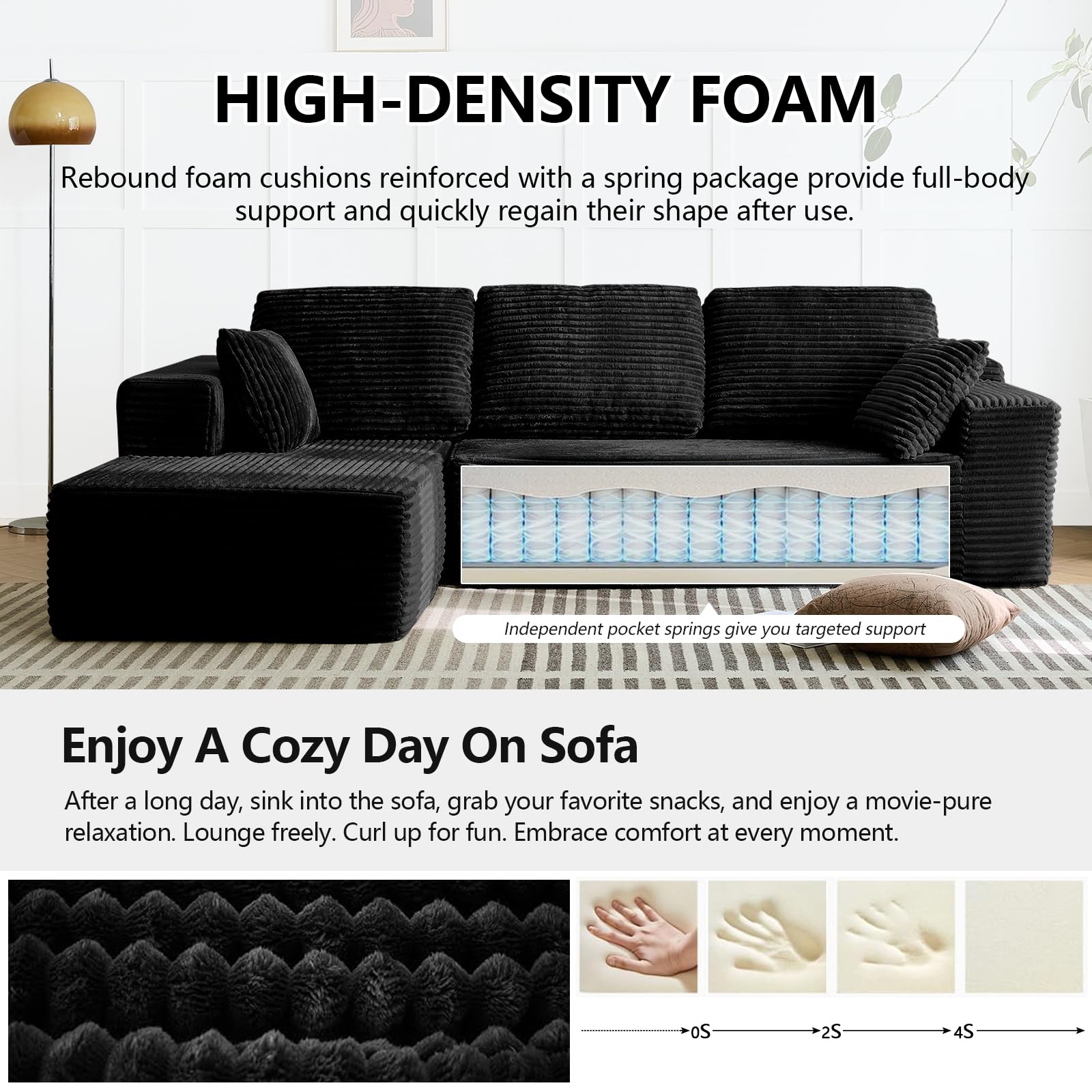 Modern Modular Sectional Compressed Sofa Set Oversized Two Long Lounge Chair Corduroy Customizable Boneless Couch Box Packaging