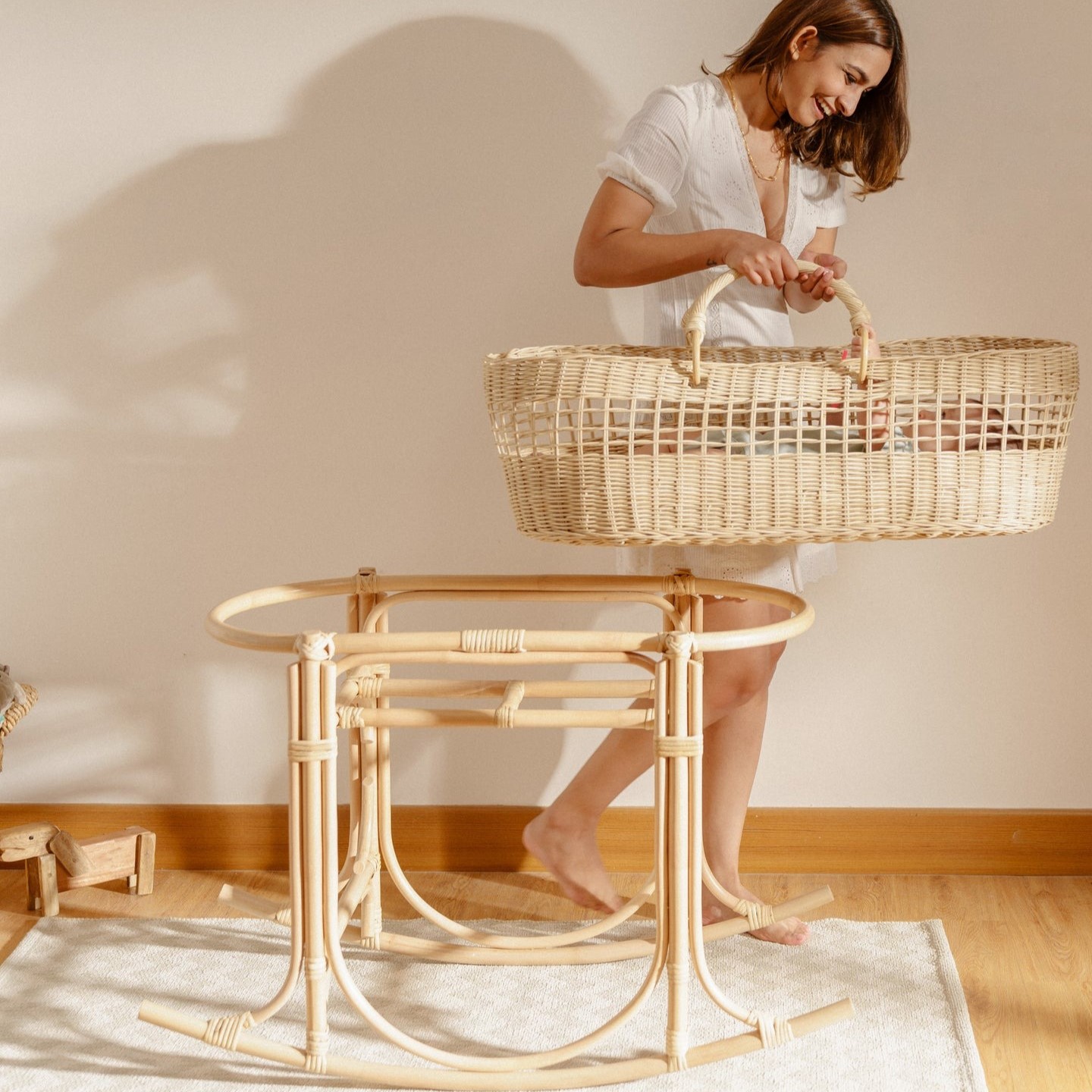 Rocking Bassinet for Newborn Babies Top Selling Infant Kids Furniture Rattan Bedding Gift Set in Nursery Bedrooms