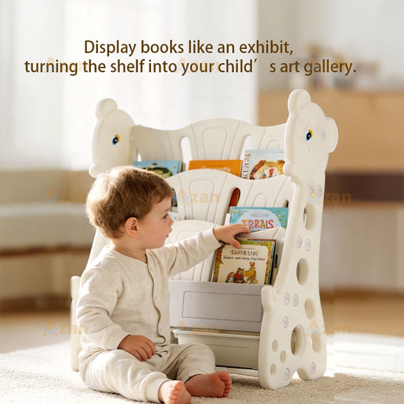 Children's Nursery Furniture Toddler Book and Toy Shelf 4-tier Kids Reading Corner Sling Bookshelf with Storage Bins