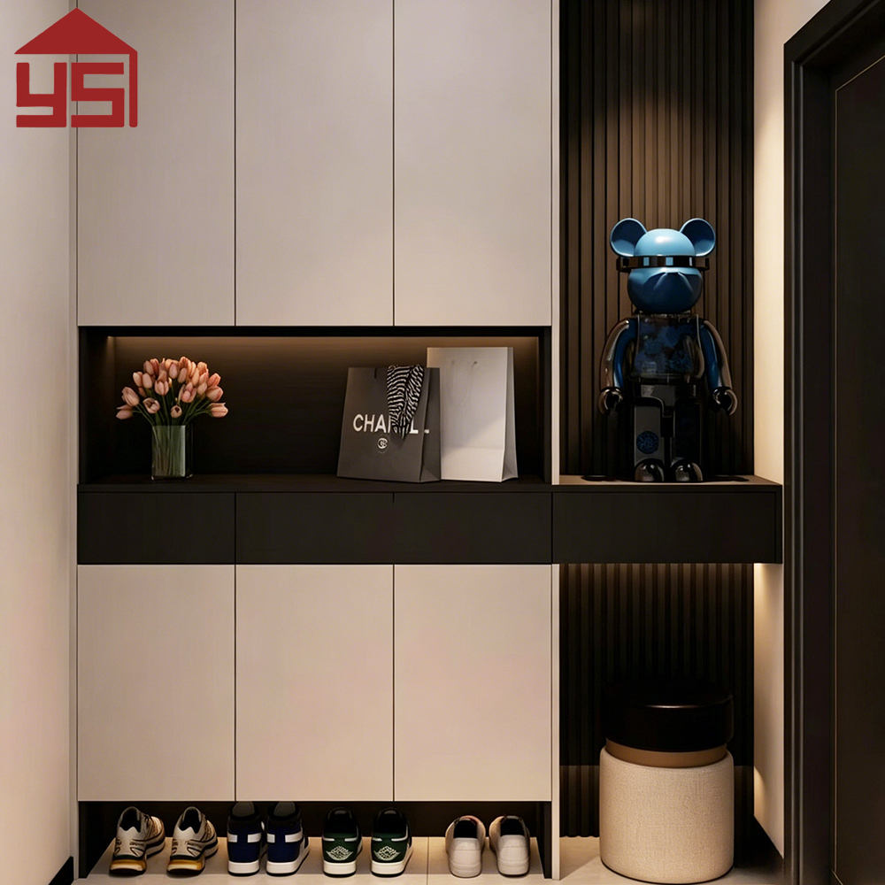 Luxury Contemporary Hallway Bespoke Multi-Functional Shoe Cabinet with Open Shelf Wood Veneer Hallway Unit