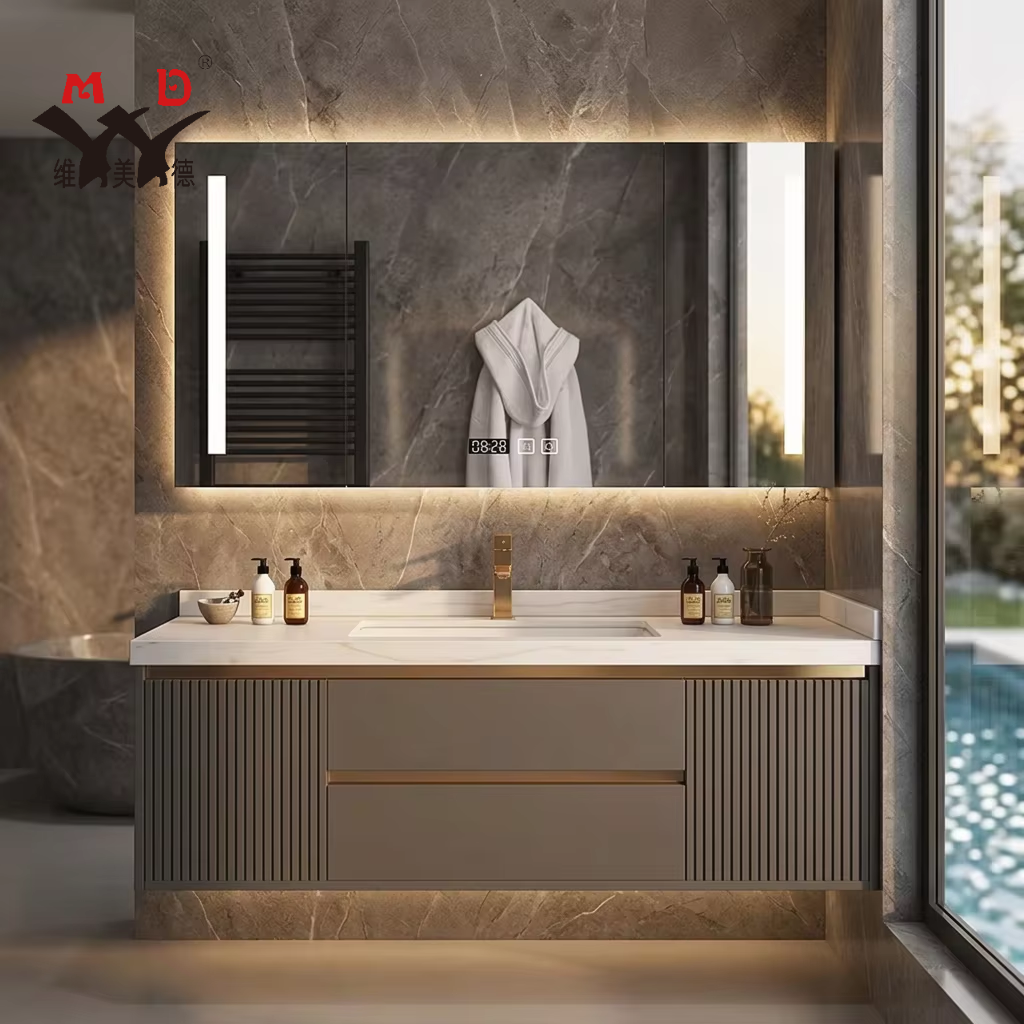 Modern Customized Fluted Simple Design Double Drawer Coffee-colored Bathroom Cabinet With Sintered Stone Basin Mirror Cabinet