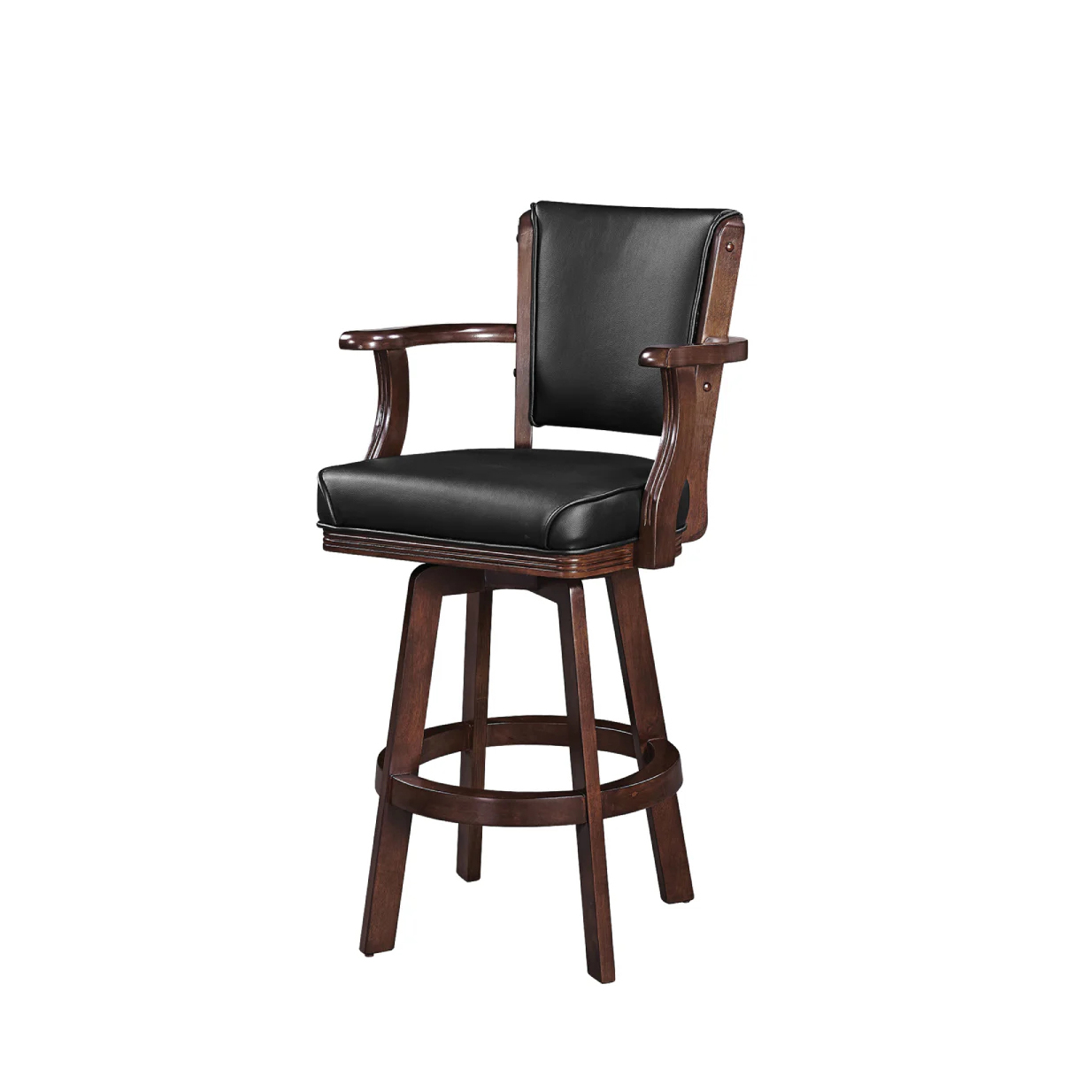 Classic American Style Solid Wood Swivel with Armrest Black Leather Upholstered Seat for Home Game Room Bar Stool