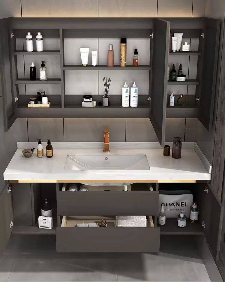 Modern Customized Fluted Simple Design Double Drawer Coffee-colored Bathroom Cabinet With Sintered Stone Basin Mirror Cabinet