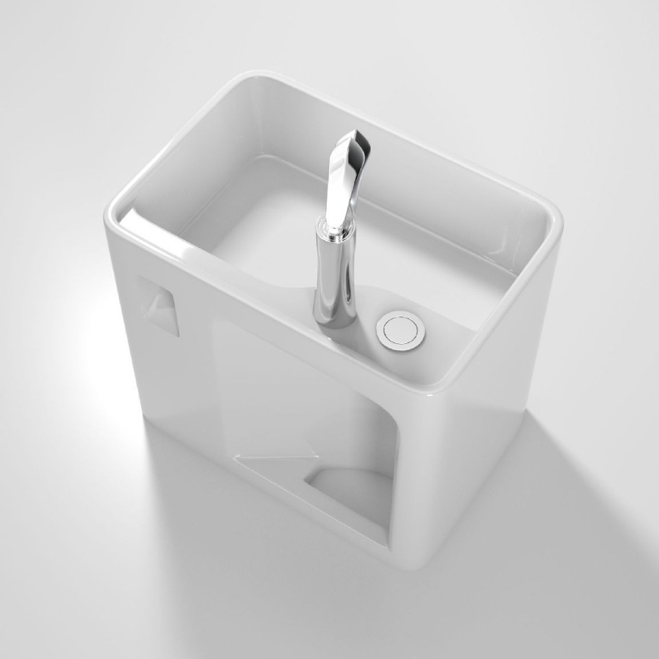 Wall-mounted Washbasin Integrated Ceramic Storage Rectangle Bathroom Cabinet Modern Simple Style Glossy White Finish