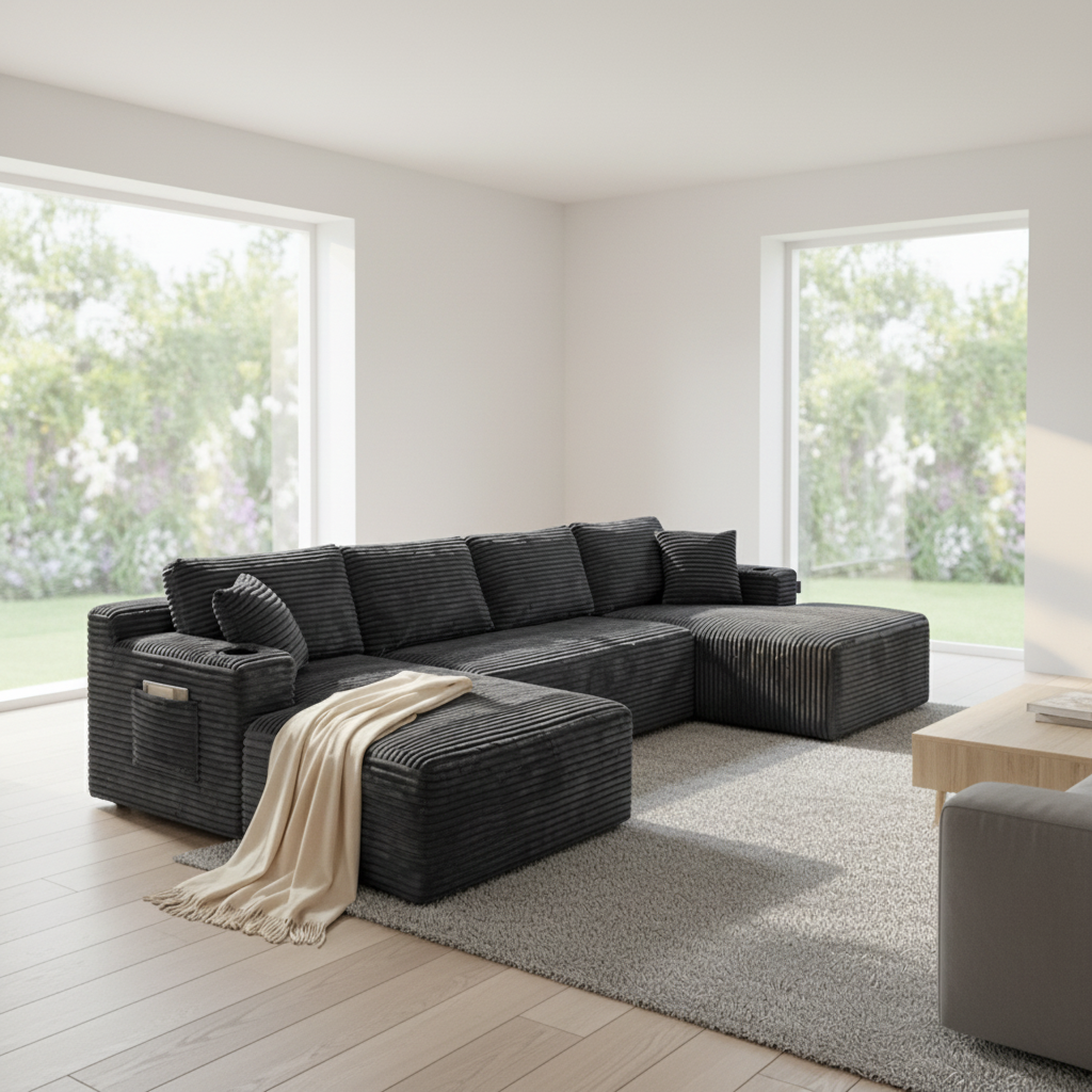 Luxury Boneless Couch U-Shaped Modular Sofa Double Chaise Three Seat Modern Sectional Sofa Corduroy Memory Foam Deep Seat