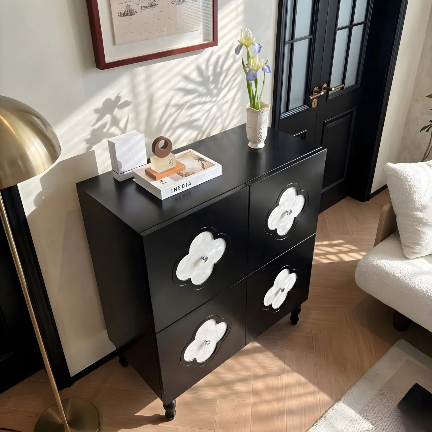Luxury Black Wooden Accent Cabinet with Decorative Drawers for Bedroom Storage Furniture