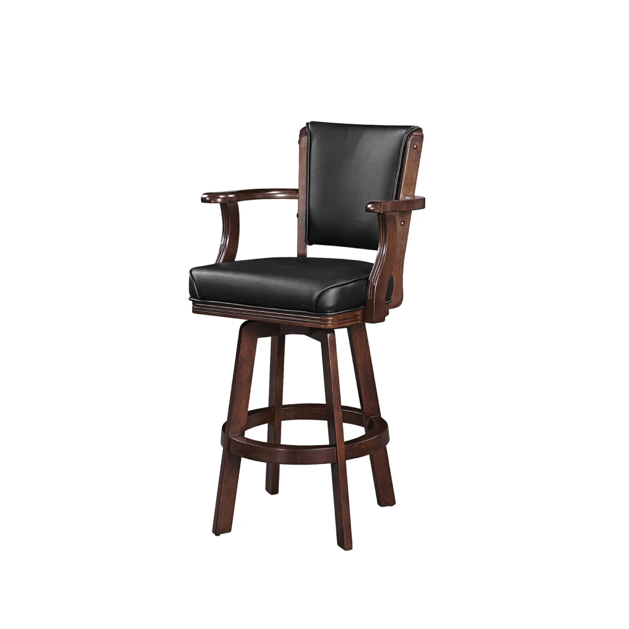 Classic American Style Solid Wood Swivel with Armrest Black Leather Upholstered Seat for Home Game Room Bar Stool