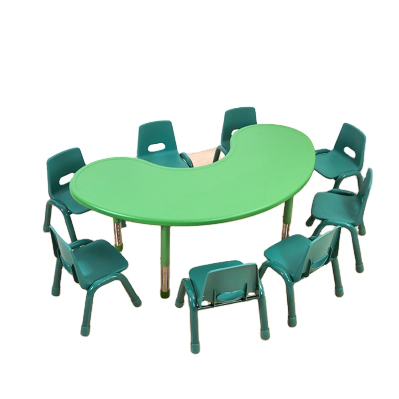 Wholesale Colorful Indoor Plastic Adjustable Height Moon Shape Kids Party Table and Chair Set Kindergarten Furniture