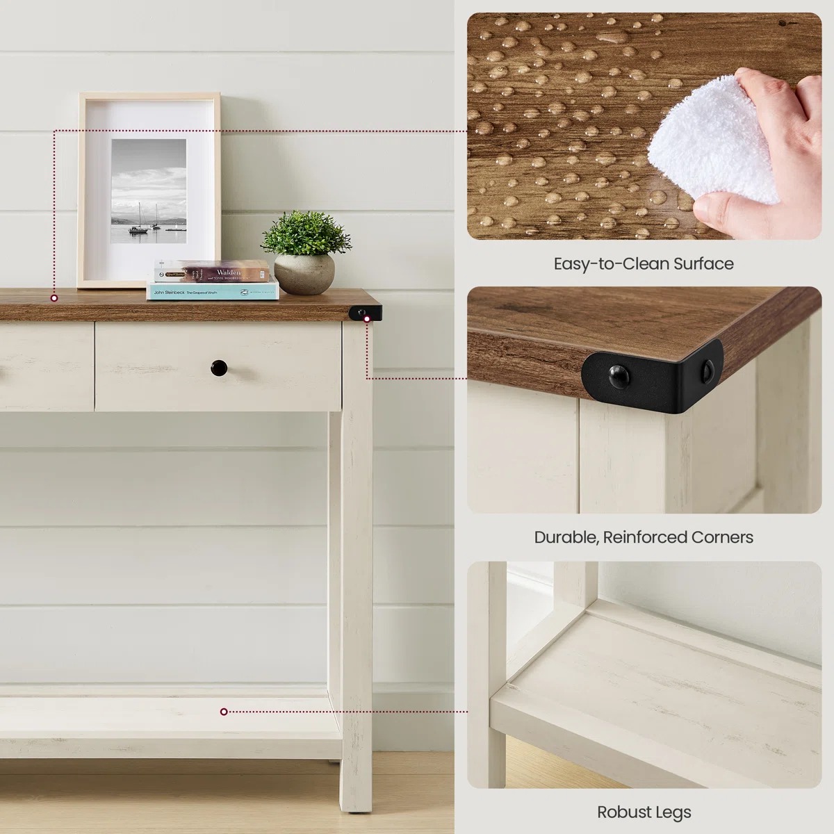 Farmhouse Luxury Narrow Hallway Wood 47.2 Inch Sofa Side Table Entryway Console Table with 3 Drawers Open Shelf Table Storage