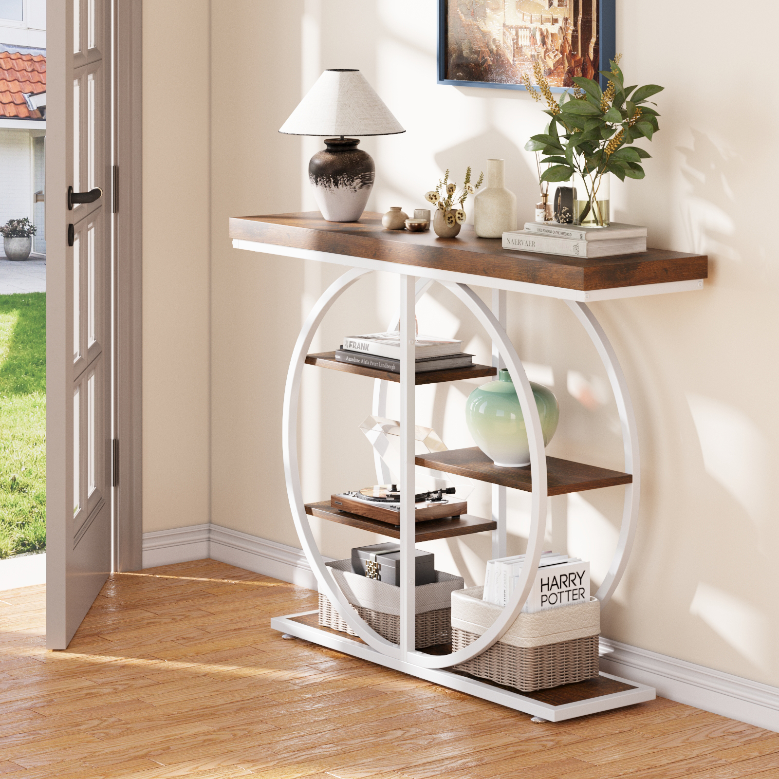 5-Tier Industrial Console Table with Circle Base, Rustic Wood and Metal Entryway Table for Living Room Hallway