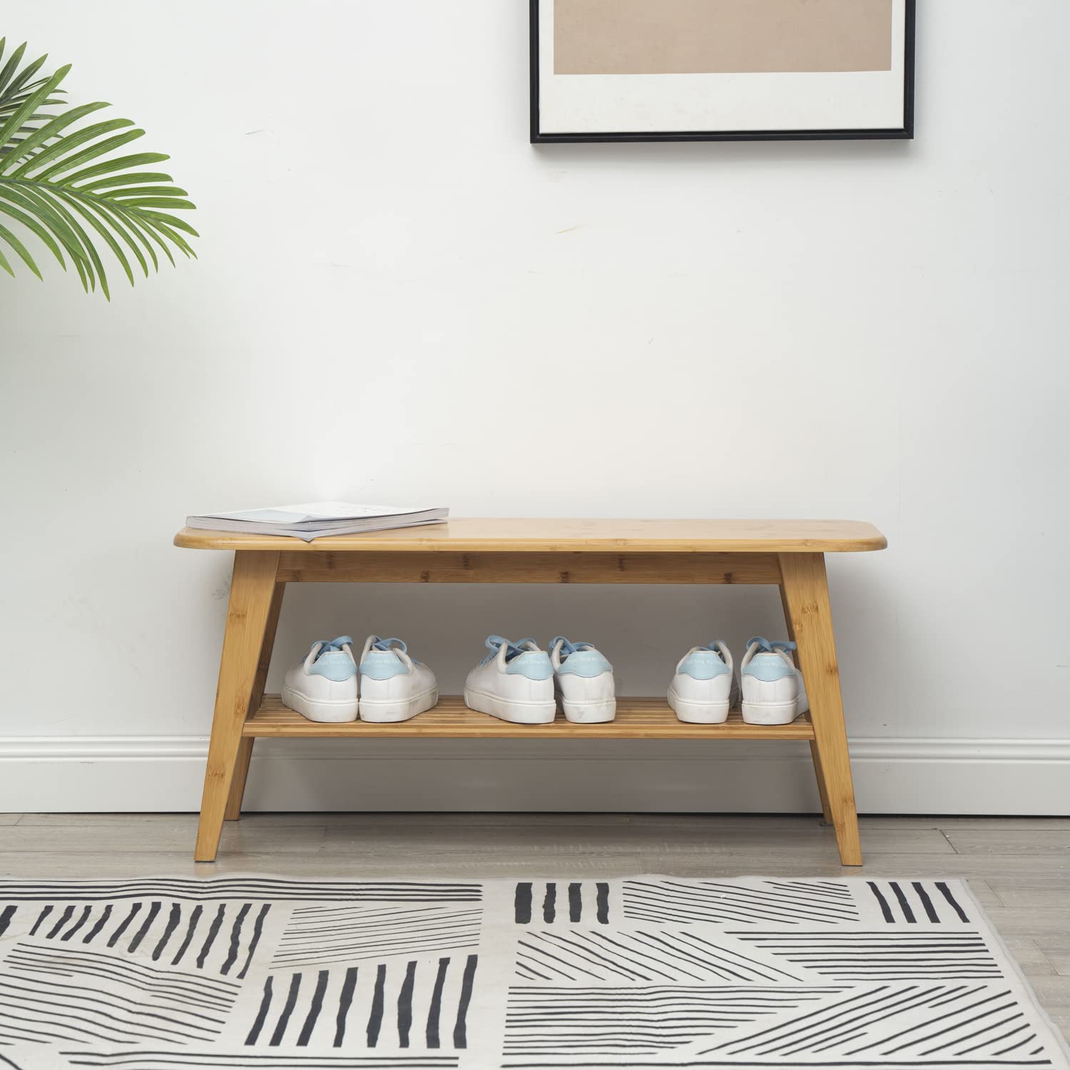 2 Tier Shoe Rack Bench, Bamboo Entryway Bench, Shoe Bench With Storage for Hallway