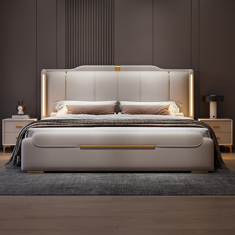Luxury Modern King Size Soft Bed Frame Leather Solid Wood Double Queen Bed with Storage for Bedroom Furniture for Home or Hotel