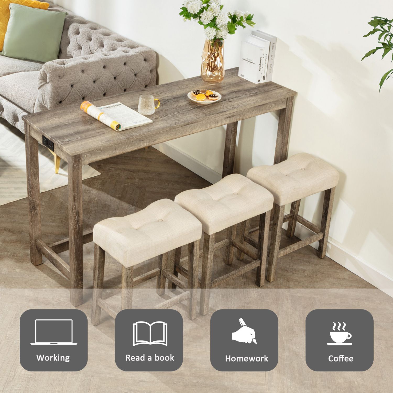 4-Piece Brown Bar Table Set with Power Outlet Dining Table and 3 Padded Stools for Living Room Game Room Use