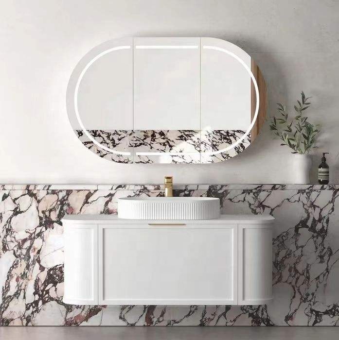 Wholesale Custom High-quality Simple European-style Fluted Curved Luxury Wooden Floating Bathroom Vanity With Sink And Mirror