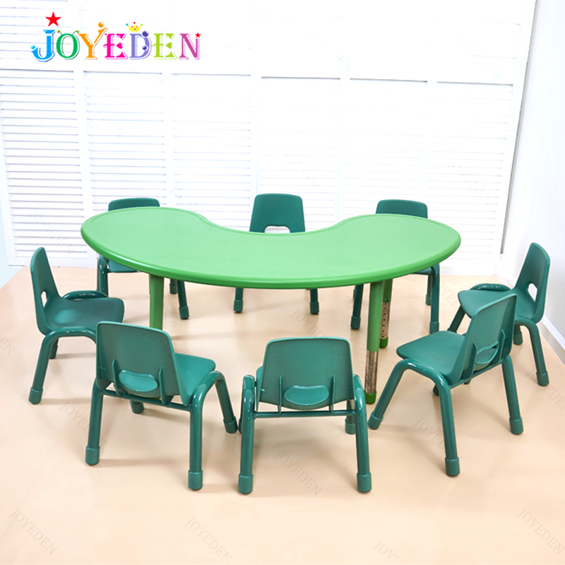 Wholesale Colorful Indoor Plastic Adjustable Height Moon Shape Kids Party Table and Chair Set Kindergarten Furniture
