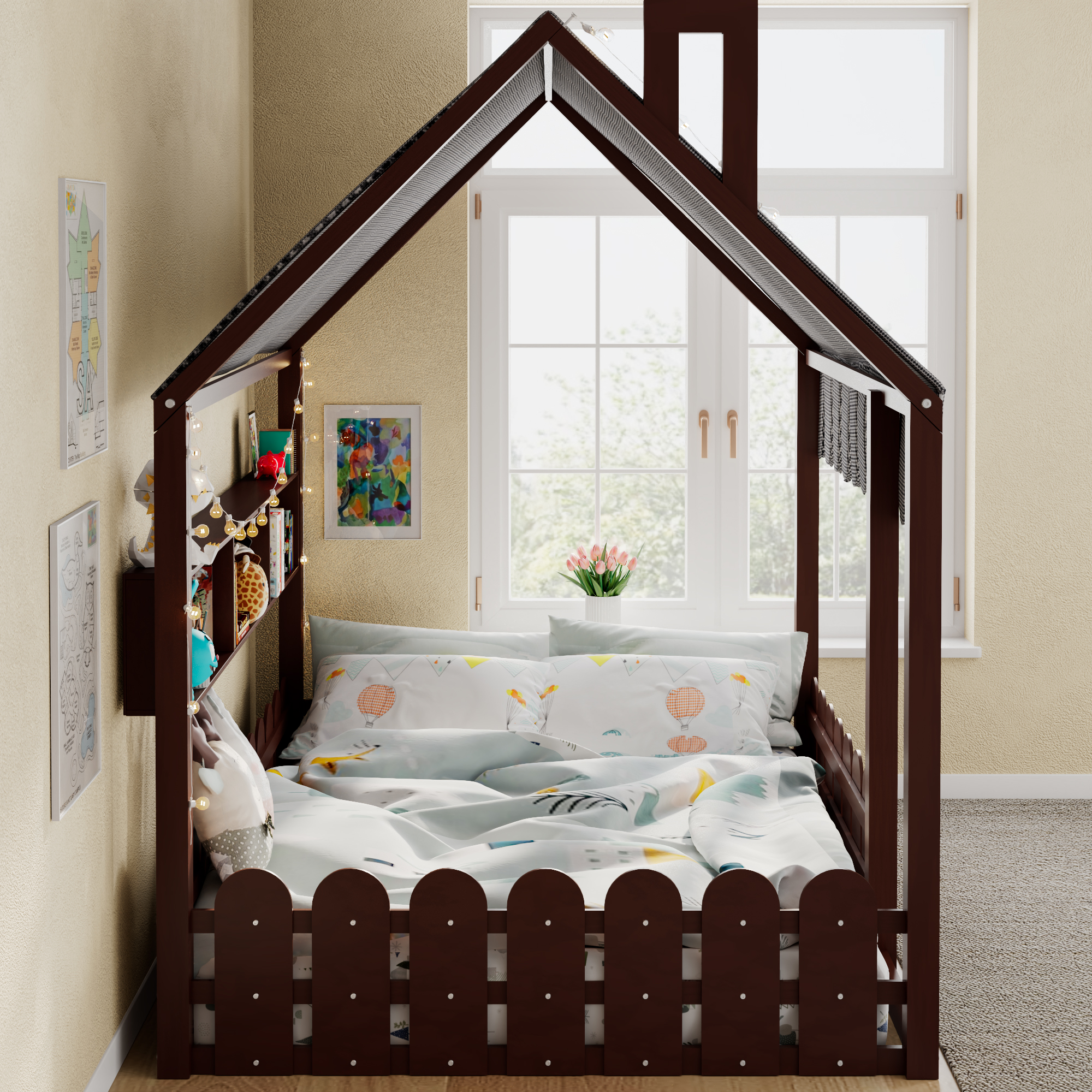 Full Size Montessori House Bed for Kids, Floor Bed with Fence Railings, Tent, Lights &amp; 3 Storage Shelves, Espresso