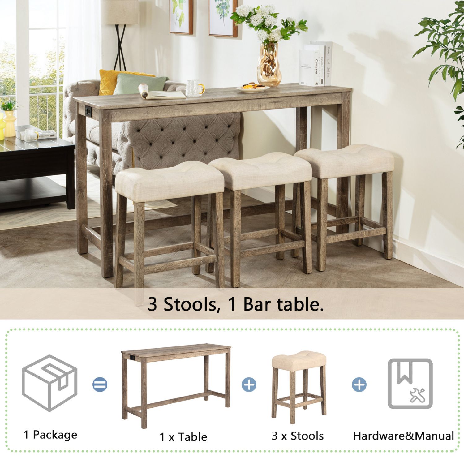 4-Piece Brown Bar Table Set with Power Outlet Dining Table and 3 Padded Stools for Living Room Game Room Use