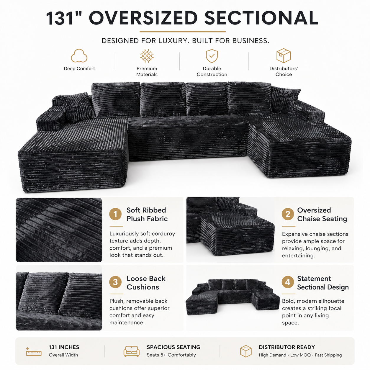Modern Modular Sectional Compressed Sofa Set Oversized Two Long Lounge Chair Corduroy Customizable Boneless Couch Box Packaging