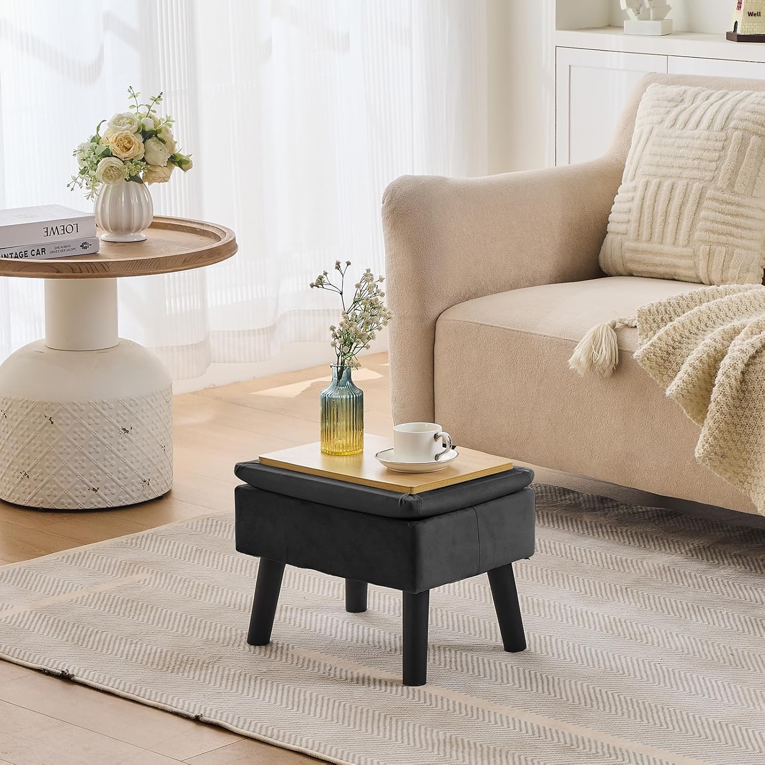 BRIAN DANY Velvet Storage Ottoman with Legs Footstool for Living Room Entryway Office Black Home Furniture