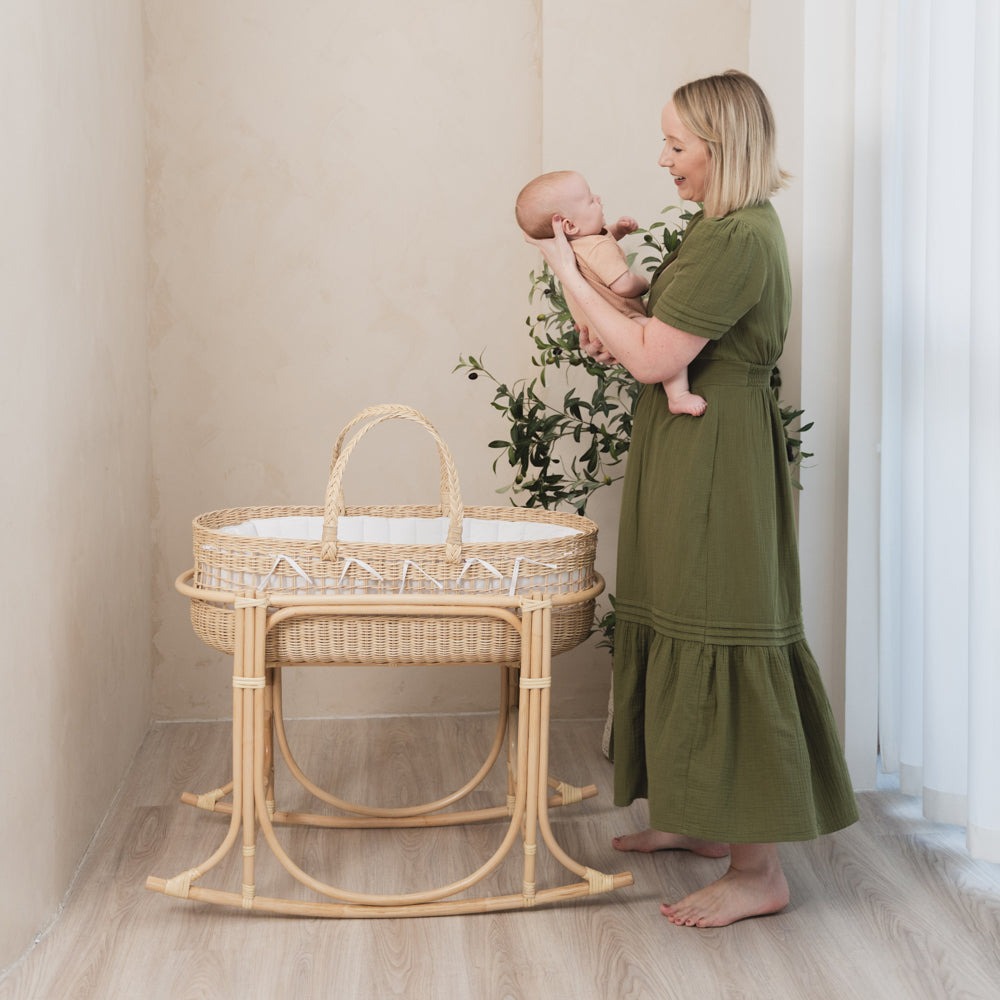 Rocking Bassinet for Newborn Babies Top Selling Infant Kids Furniture Rattan Bedding Gift Set in Nursery Bedrooms