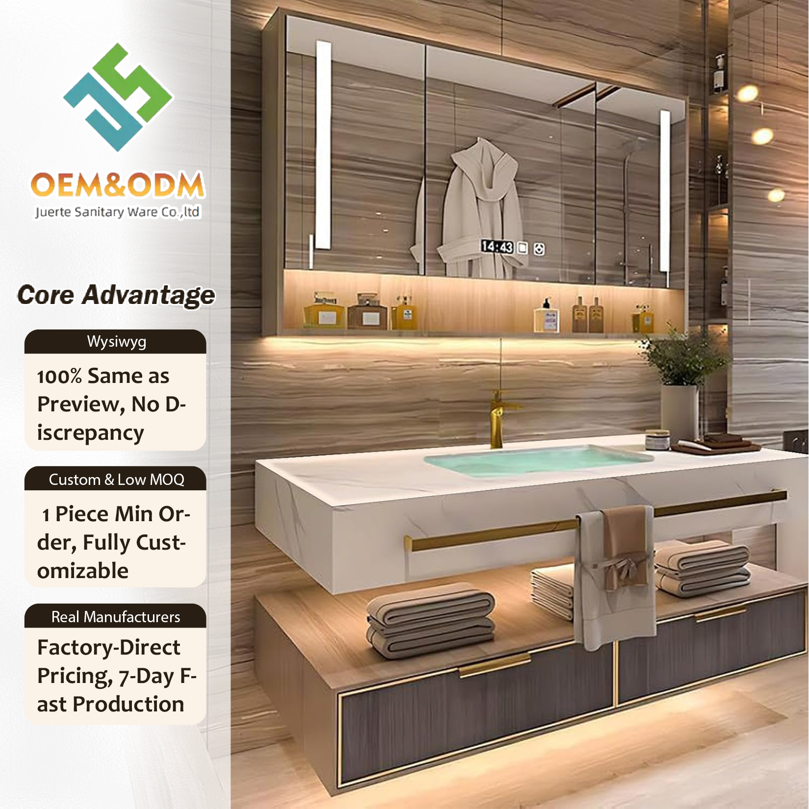 JUERTE OEM 2026 Luxurious Bathroom Furniture Set, Including Bathroom Vanity, Cabinets, Panels, LED Mirror, Sink And Faucet.