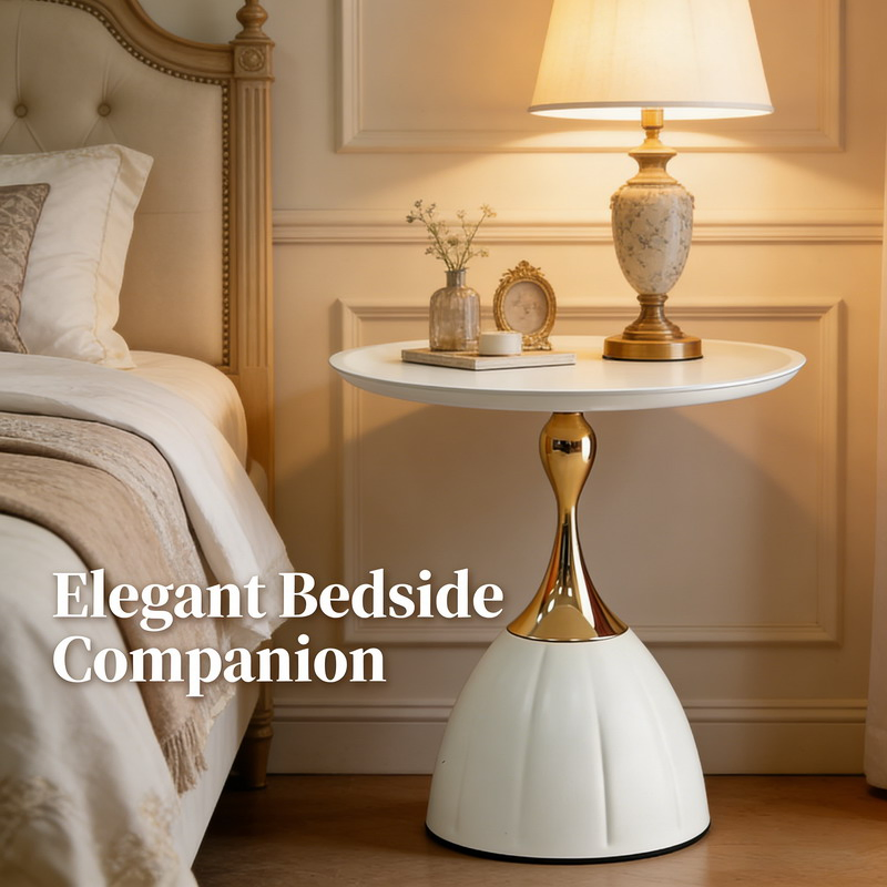 White Metal Side Table with Gold Accent Modern Luxury Round End Table Decorative Accent Table for Living Room Bedroom