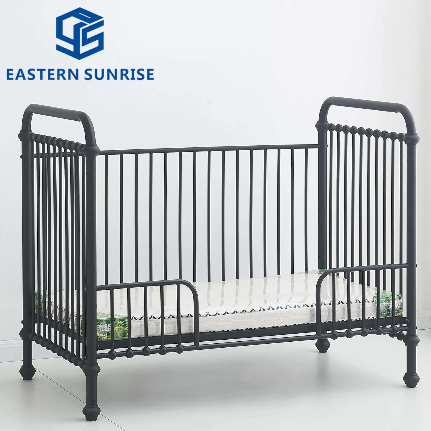 [Factory Direct] Classic Black Iron Baby Cot with Decorative Ball Accents