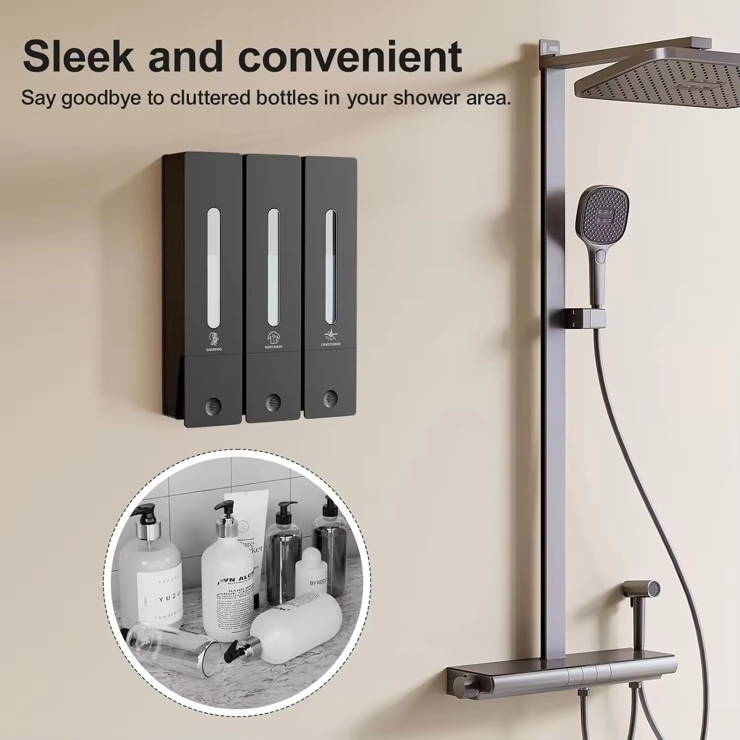 400ml Luxury 3-in-1 Wall Mount Liquid Hand Soap Dispenser Shampoo Conditioner Holder Bathrooms No Drilling Required 3 Bottle