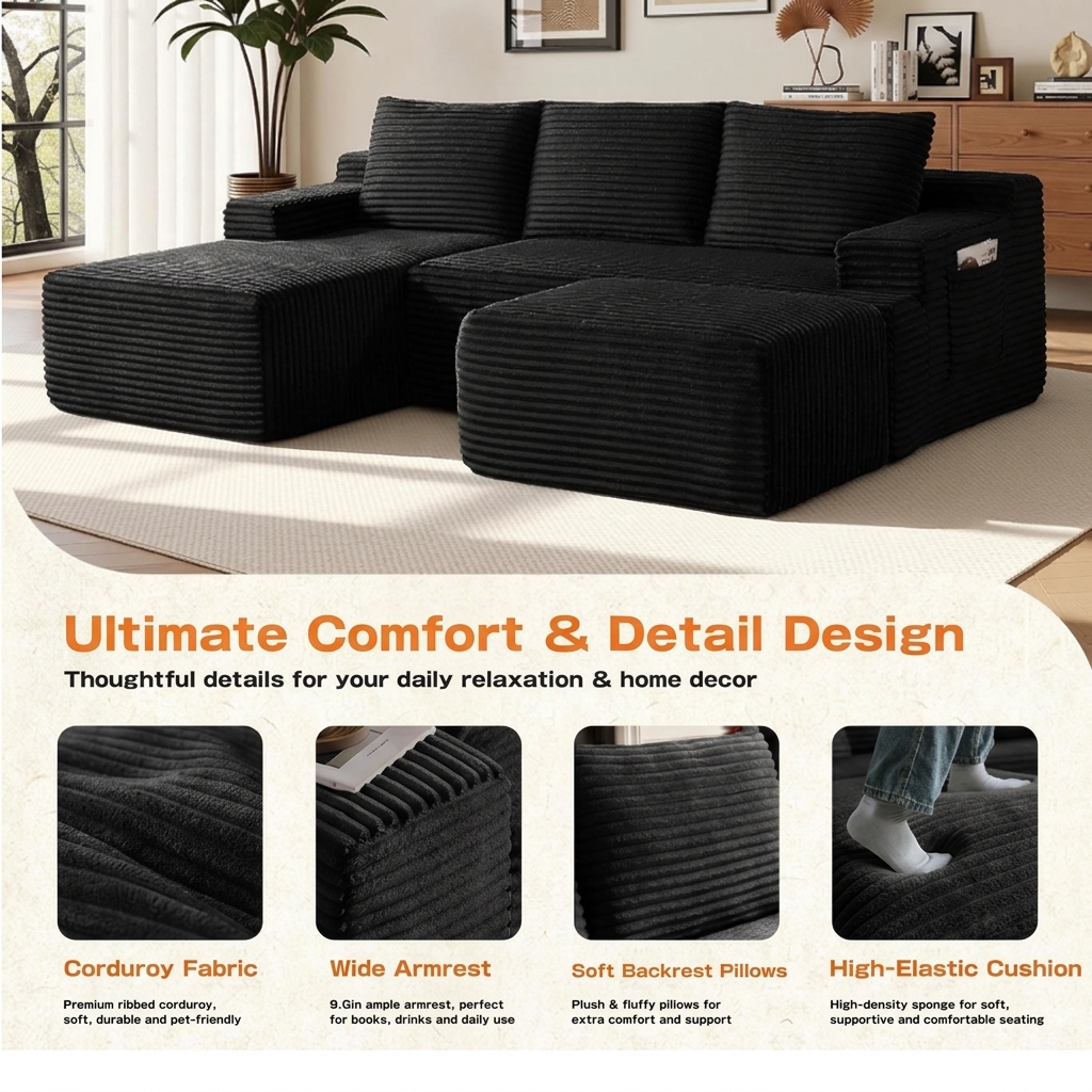Luxury Boneless Couch U-Shaped Modular Sofa Double Chaise Three Seat Modern Sectional Sofa Corduroy Memory Foam Deep Seat