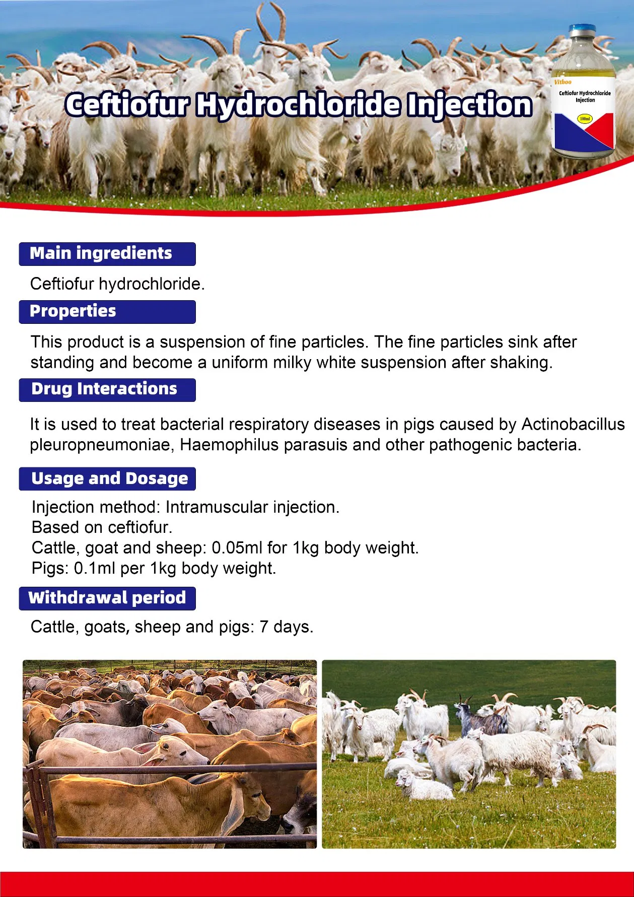 Vitboo Veterinary Medicine Ceftiofur Hydrochloride Injection Control of Control of Swine Bacterial Respiratory Disease