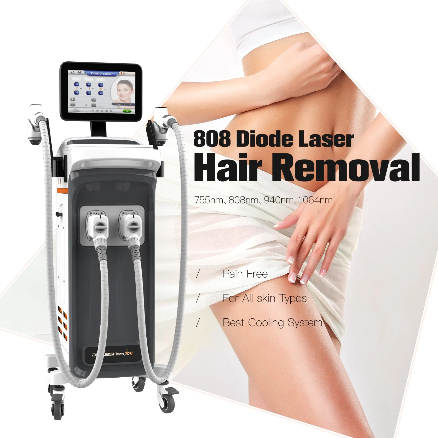 2026 Painless 4 Waves Diode Laser Hair Removal Machine 755 808 940 1064 Nm Ice with CE Approved Ice Stationary Painless Beauty Hair Removal Laser Salon