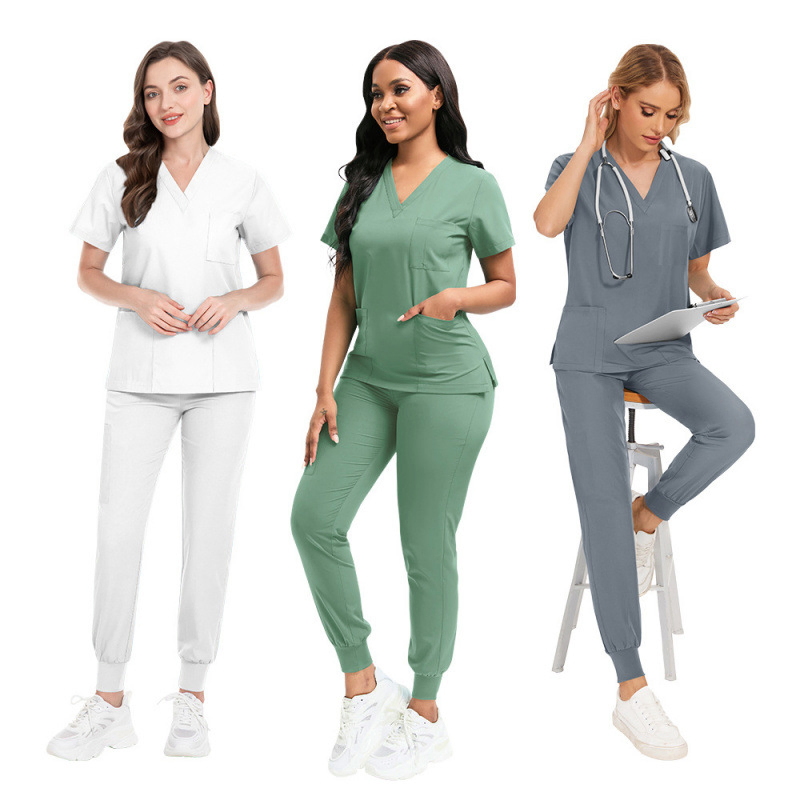 OEM Men/Women's Medical Surgical Uniform Set Breathable Hospital Nursing Scrubs Short Sleeve Top Jogger Pants Made Woven Fabric